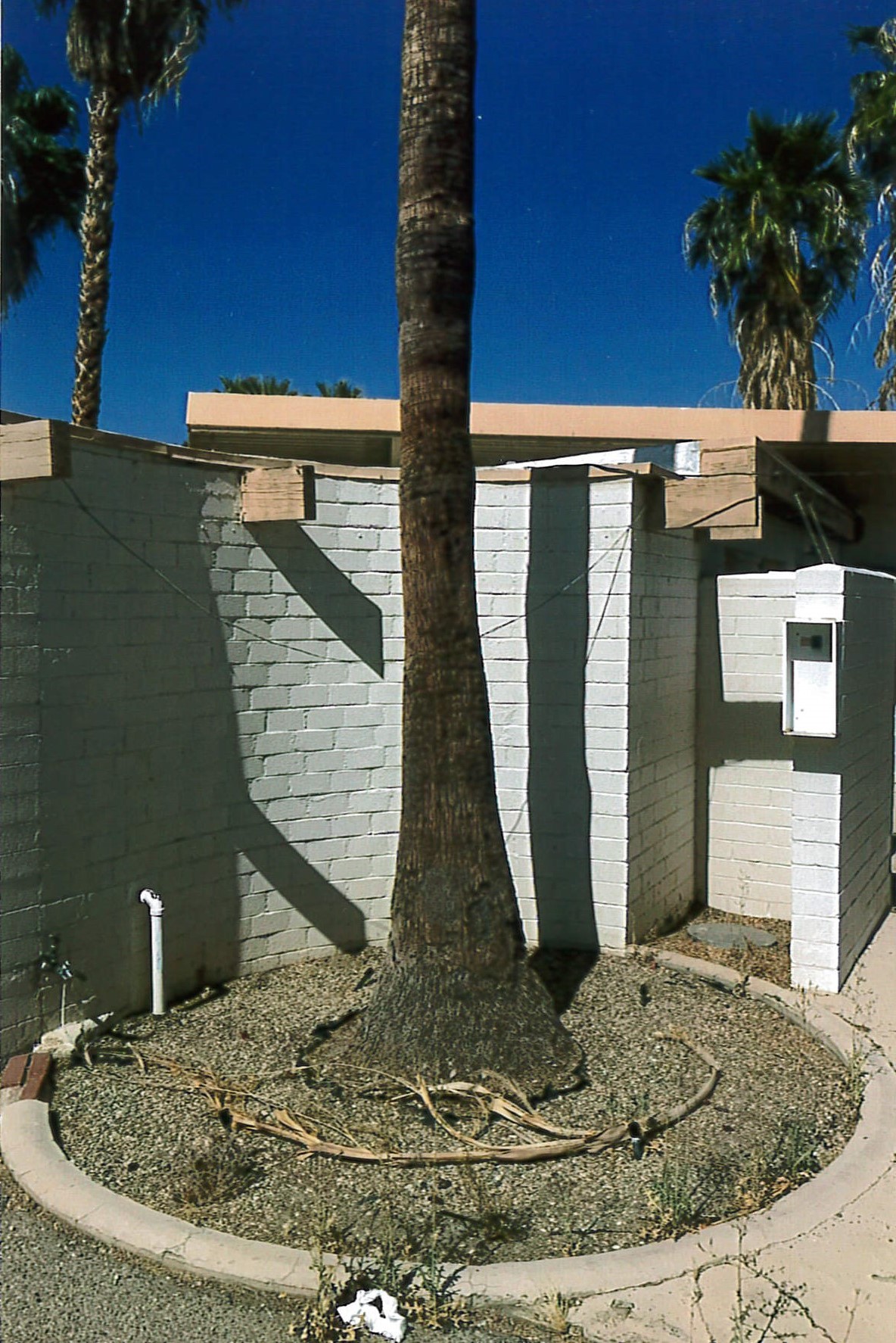 Circular planter, west elevation. Original roofline in background